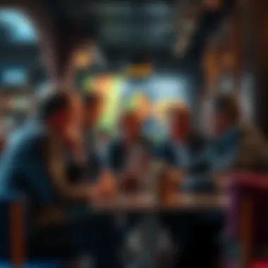 A group of French people engaging in a lively discussion about wealth and greed in a café setting.