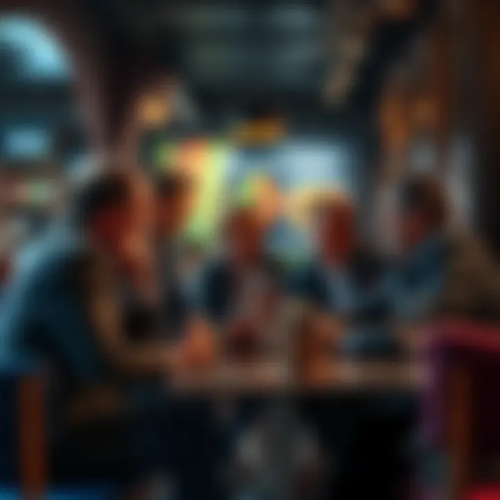 A group of French people engaging in a lively discussion about wealth and greed in a café setting.