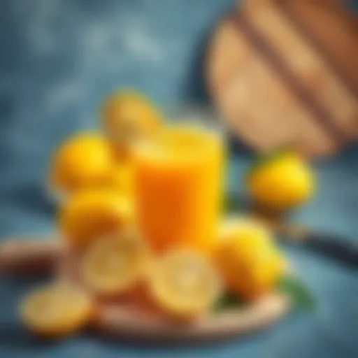 A glass of freshly squeezed juice surrounded by lemons and a cutting board