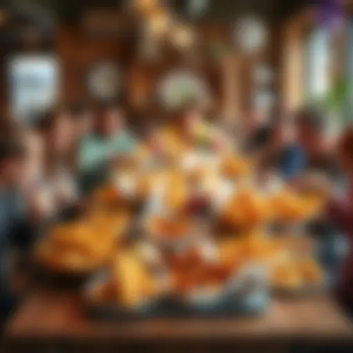 A table filled with various fried foods surrounded by happy people enjoying their meals at Dandelion Valley Farm.