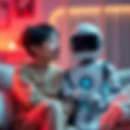 Friend and robot sitting together A person and a robot companion sharing a moment, highlighting the concept of technology as a friend replacement, showcasing a cozy setting with soft lighting.