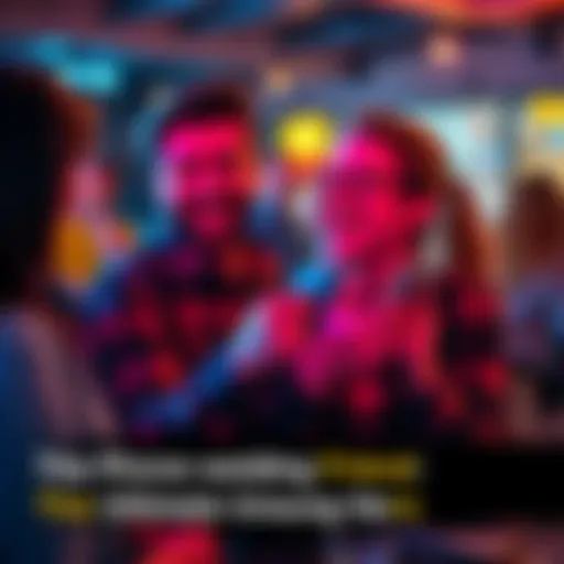 A friend holds a smartphone while laughing with a group of people at a social event, capturing moments and sharing information.