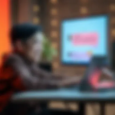 Friendly Email Rewrite A person sitting at a desk, using a laptop with a cheerful expression, reviewing an email draft, while a digital assistant on the screen shows suggestions for a friendlier tone.