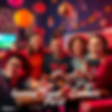 A group of friends smiling and brainstorming ideas with game-themed props like T-shirts and game controllers, surrounded by fun decorations.