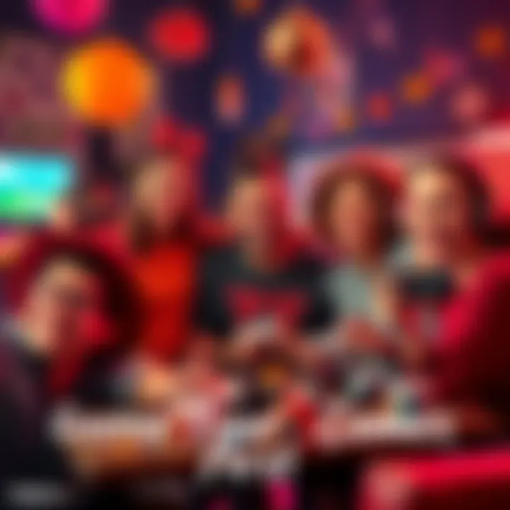 A group of friends smiling and brainstorming ideas with game-themed props like T-shirts and game controllers, surrounded by fun decorations.