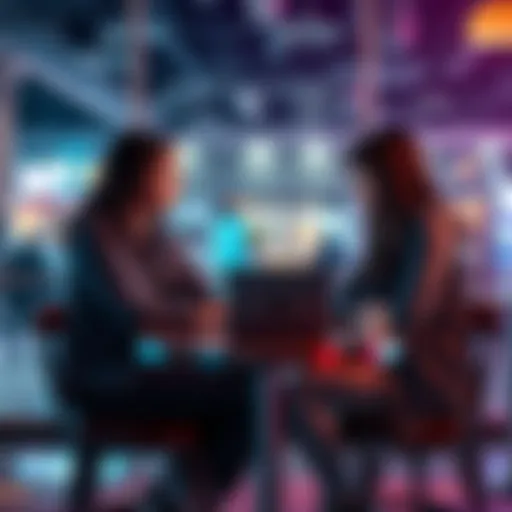 Two friends sitting at a café discussing the pros and cons of AI technology, with a laptop open in front of them.