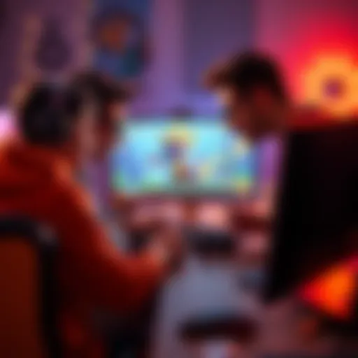 Three friends working together on a computer, creating a Spyro-inspired platformer game with colorful graphics and game elements on the screen.