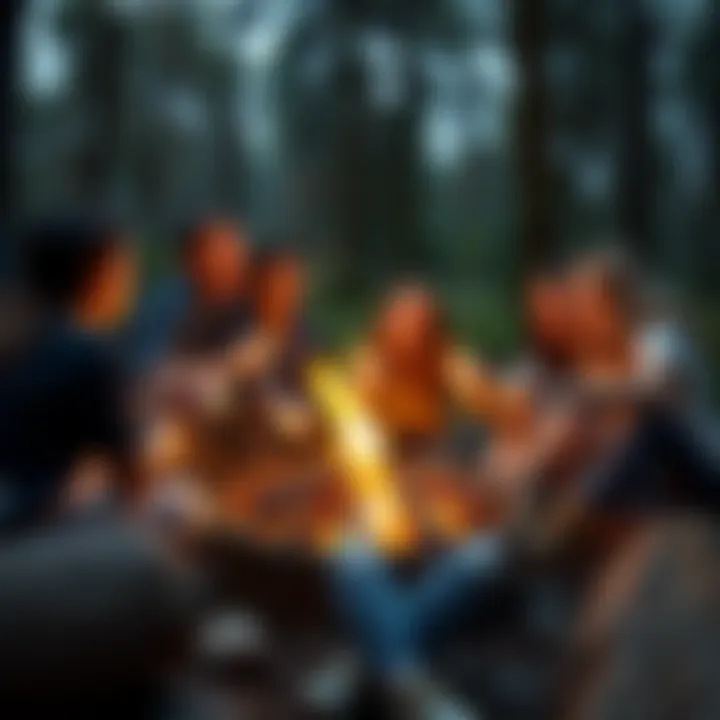 A group of friends sitting around a campfire, roasting marshmallows and laughing together in a forest setting.