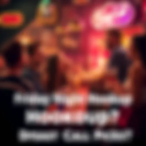 Friends laughing and chatting in a lively bar on a Friday night, discussing their last call hookup picks