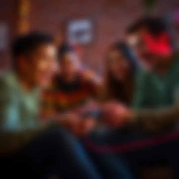 A group of friends sitting together, playing a video game, showing excitement and tension on their faces.