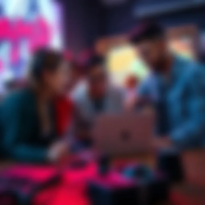 A group of friends encouraging a game developer, discussing ideas over a laptop, with gaming equipment in the background.