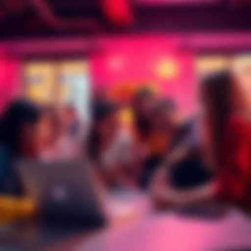 A group of friends gathered around a laptop, discussing and sharing ideas about each other's creative projects on social media.