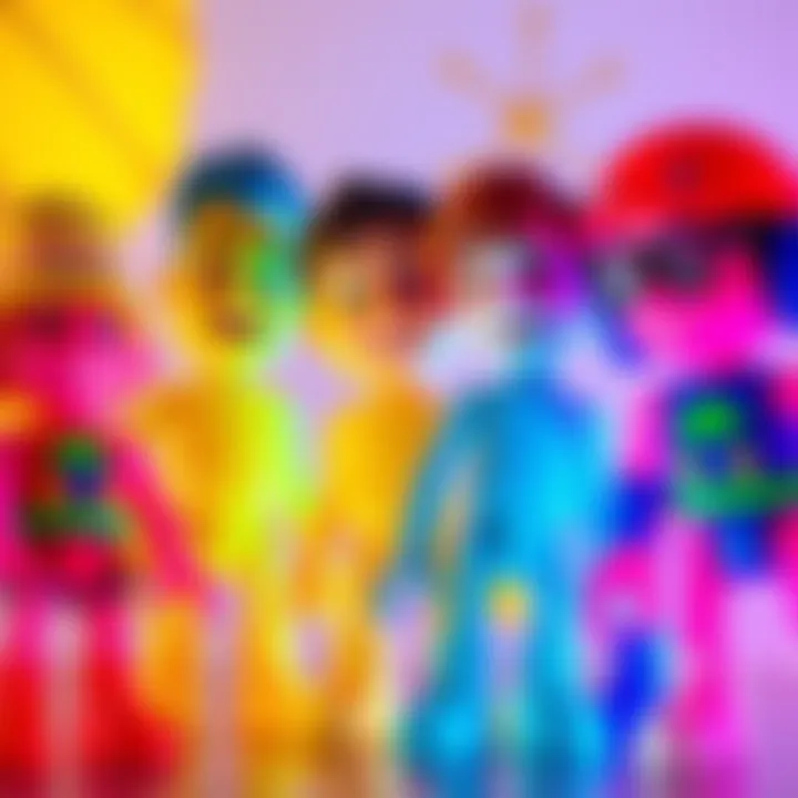 A group of friends transformed into colorful toy figures, showing playful expressions and fun poses.