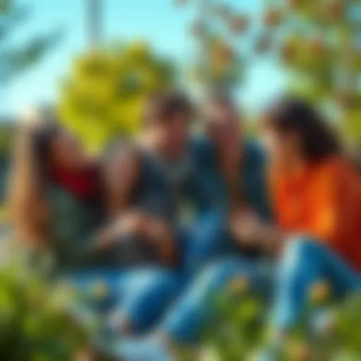 A group of friends enjoying lighthearted fun outdoors, laughing and playing games, surrounded by nature.