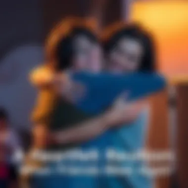 Friends embracing during a reunion Two friends joyfully hugging each other after a long time apart, smiling and sharing a heartfelt moment