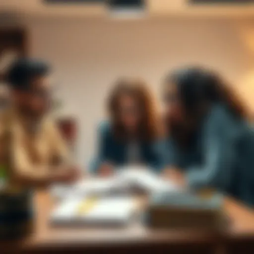 Three friends sitting around a table with books and notes, focused on studying for the patent bar exam, showing determination and support for each other.