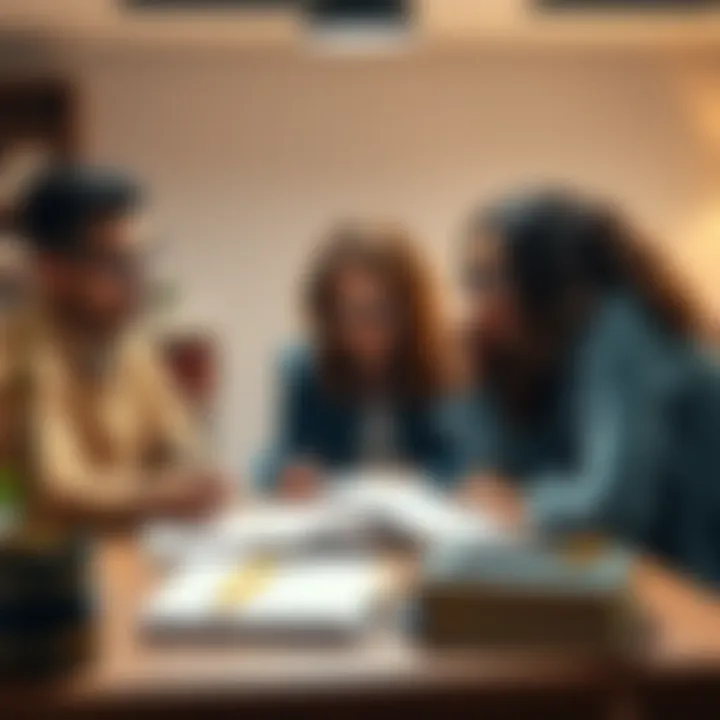 Three friends sitting around a table with books and notes, focused on studying for the patent bar exam, showing determination and support for each other.