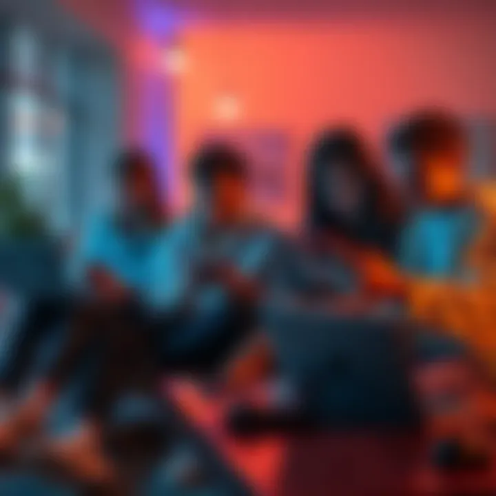 A group of friends sitting together with smartphones and laptops, discussing AI technology and its influence on their relationships.