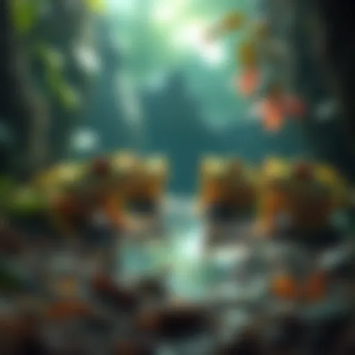 Colorful frogs being bred in a serene environment, ready for battle in a dungeon crawler game.