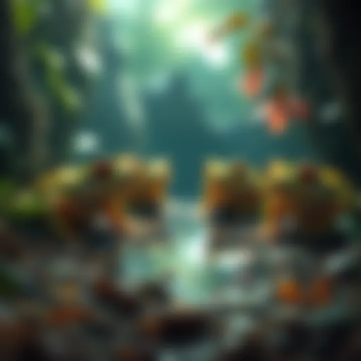 Colorful frogs being bred in a serene environment, ready for battle in a dungeon crawler game.
