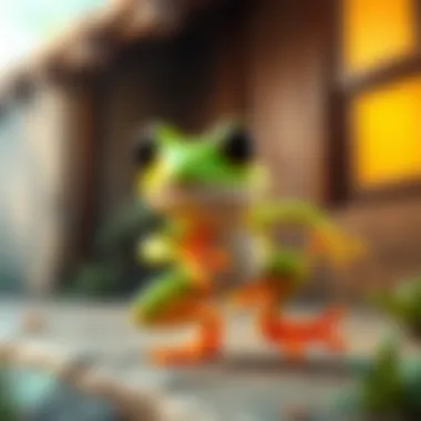 A charming green frog animated in various playful poses, including strolling and bouncing, shown in a series of colorful handpainted frames.