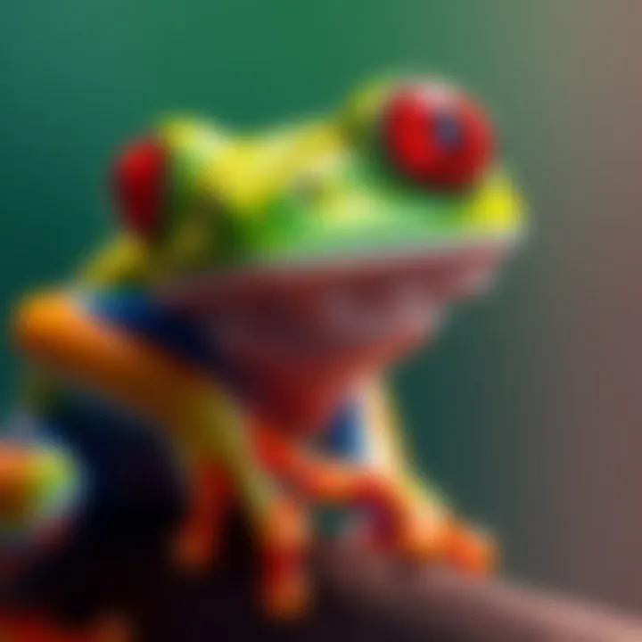 A bright red-eyed tree frog with vibrant colors, created in a digital format using Blender, showcasing unique artistic features.