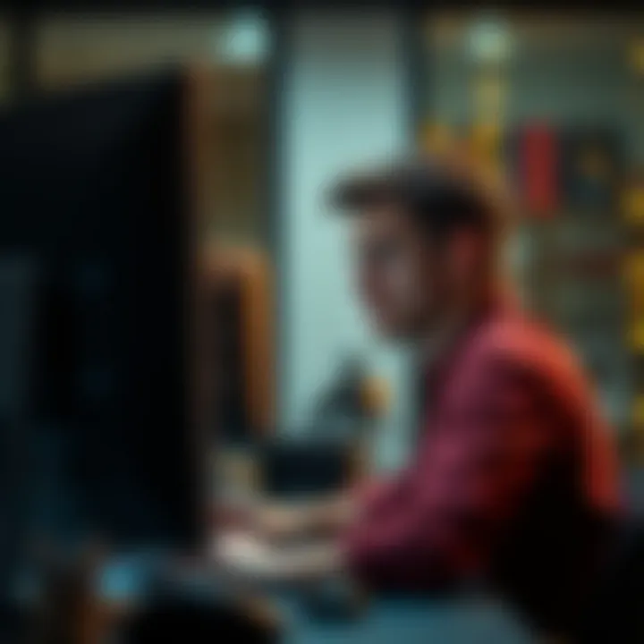 A frontend developer working at a computer, looking thoughtful and concerned about job security in a changing tech environment.