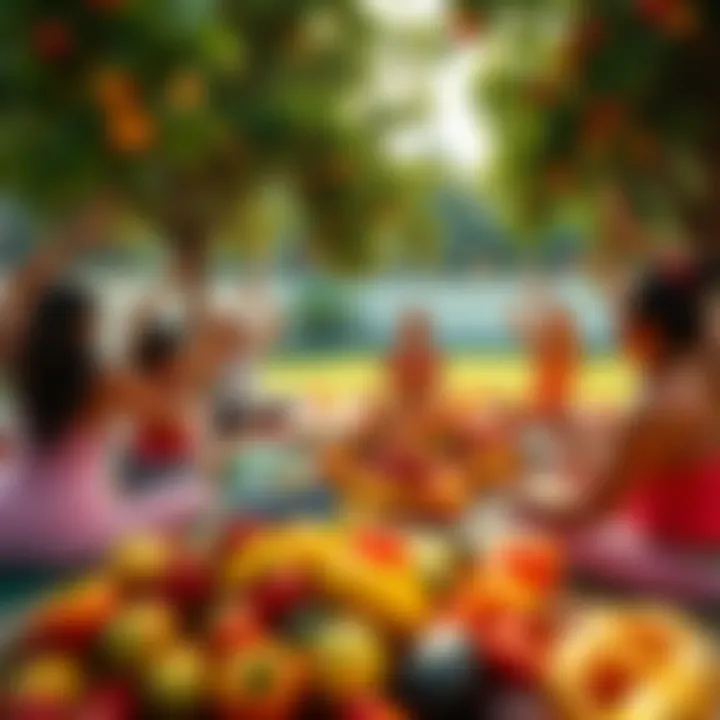 People enjoying yoga surrounded by fresh fruits in a bright outdoor setting