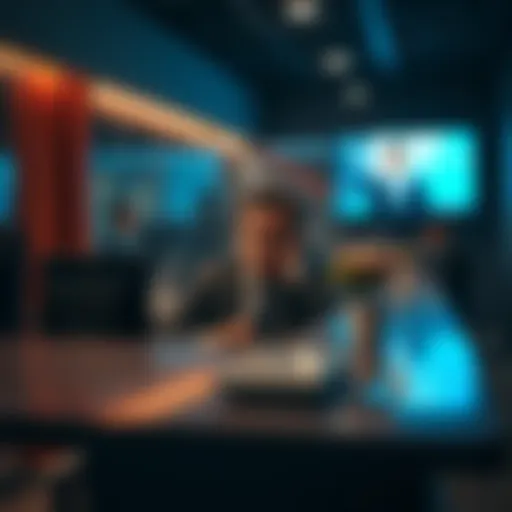 A client looking frustrated at a small business reception desk with an AI receptionist on a screen in the background.