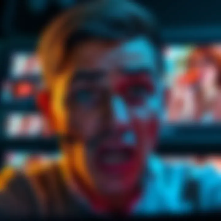 A person expressing frustration while scrolling through YouTube, focusing on open mouth thumbnails that are distracting and unappealing.