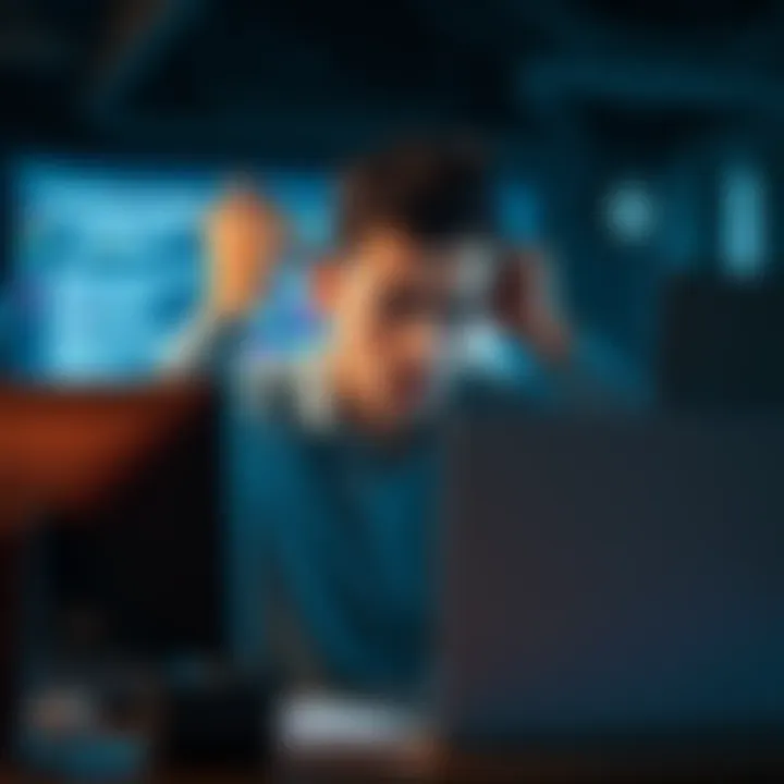 Frustrated adult user on a computer An adult person looking frustrated while using a computer, symbolizing concerns over unwarranted bans and false flags in online forums