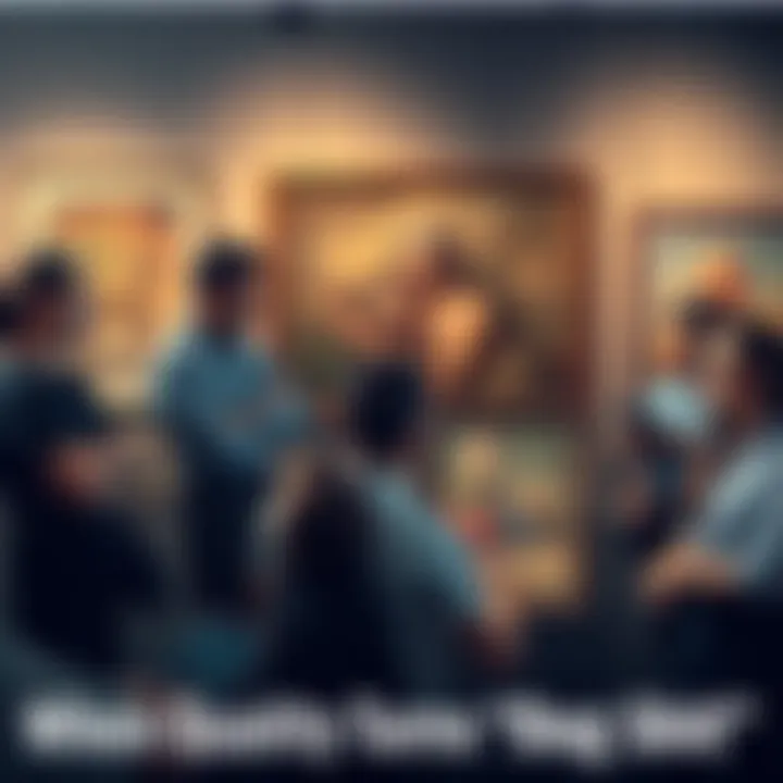 Group of art enthusiasts expressing disappointment over AI-generated art quality, with some holding traditional art pieces