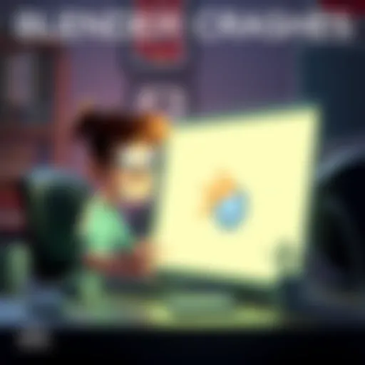 An animated character shows frustration at a computer with a Blender logo as the software crashes.