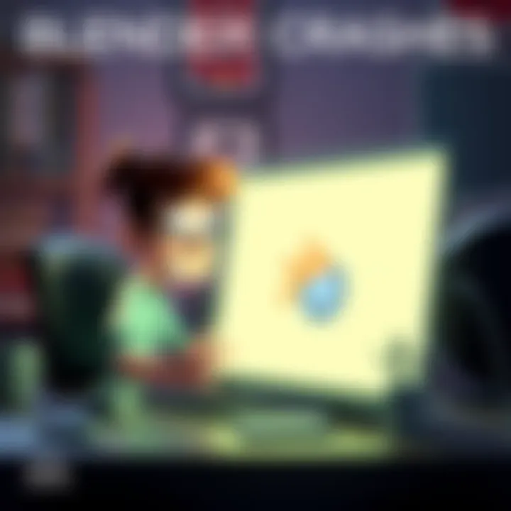 An animated character shows frustration at a computer with a Blender logo as the software crashes.