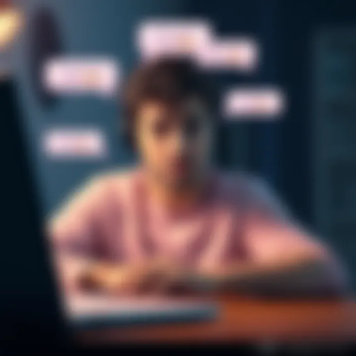 A person looks confused while using a laptop, with chat bubbles displayed on the screen. They appear frustrated by chat duplications and filters.