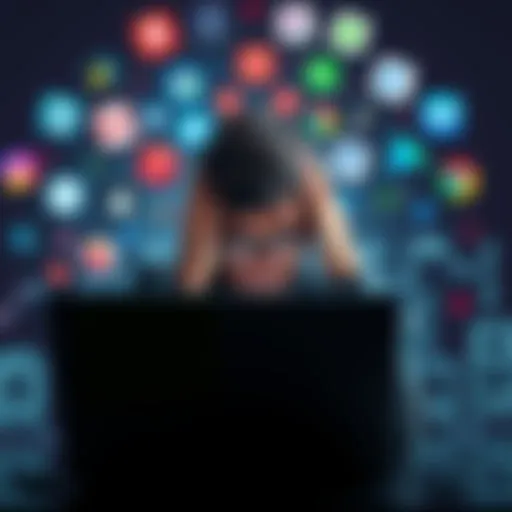 A person looking overwhelmed while managing multiple subscriptions for AI creative tools on their laptop, surrounded by icons of different software applications.