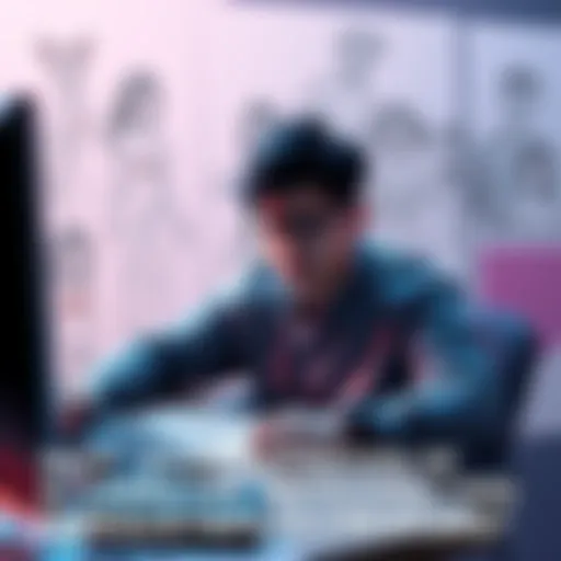 A person looks frustrated while working on a computer, surrounded by sketches of characters with exaggerated attractiveness.