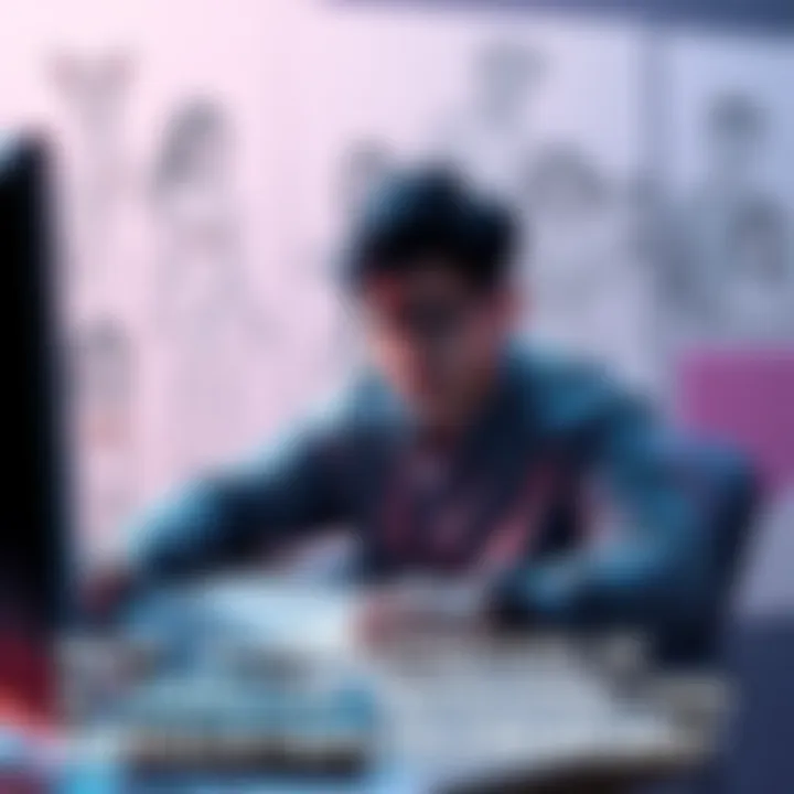 A person looks frustrated while working on a computer, surrounded by sketches of characters with exaggerated attractiveness.