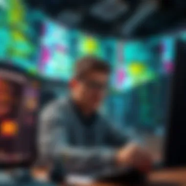 Frustrated Engineer in Office An engineer looks stressed at their desk surrounded by screens filled with code, reflecting a chaotic work environment.