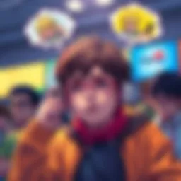 A fan looking frustrated while holding a phone, with images of Bakugo and Deku in thought bubbles above