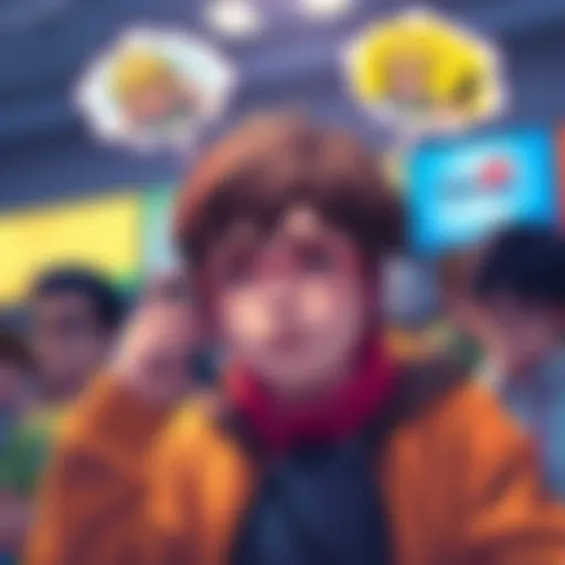 A fan looking frustrated while holding a phone, with images of Bakugo and Deku in thought bubbles above