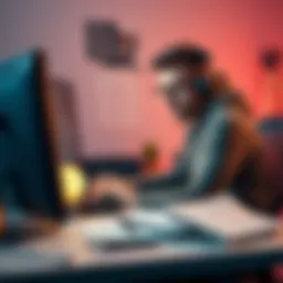 A game developer sitting at a desk, looking frustrated while working on a computer with code on the screen, surrounded by game design notes and sketches.