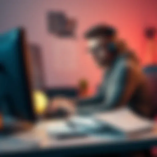 A game developer sitting at a desk, looking frustrated while working on a computer with code on the screen, surrounded by game design notes and sketches.