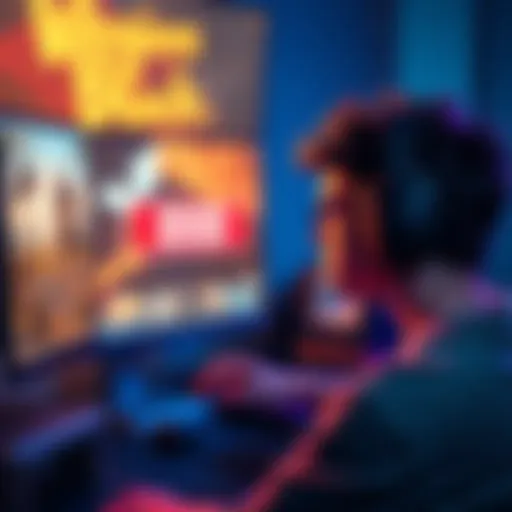 Frustrated gamer looking at a blocked screen A person sitting at a computer, looking frustrated at a game screen displaying a region block message, showing disappointment over access limitations.