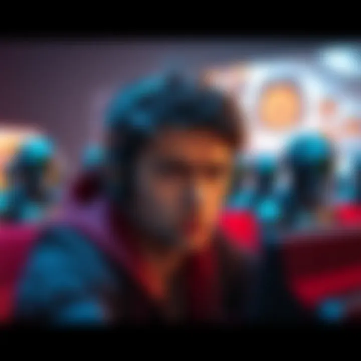 A gamer looking annoyed while playing a roleplay game, with robotic figures in the background symbolizing bot interference