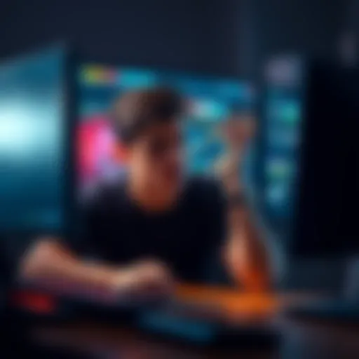 A person sitting at a computer, looking frustrated while trying to learn Game Maker, with game design elements on the screen.
