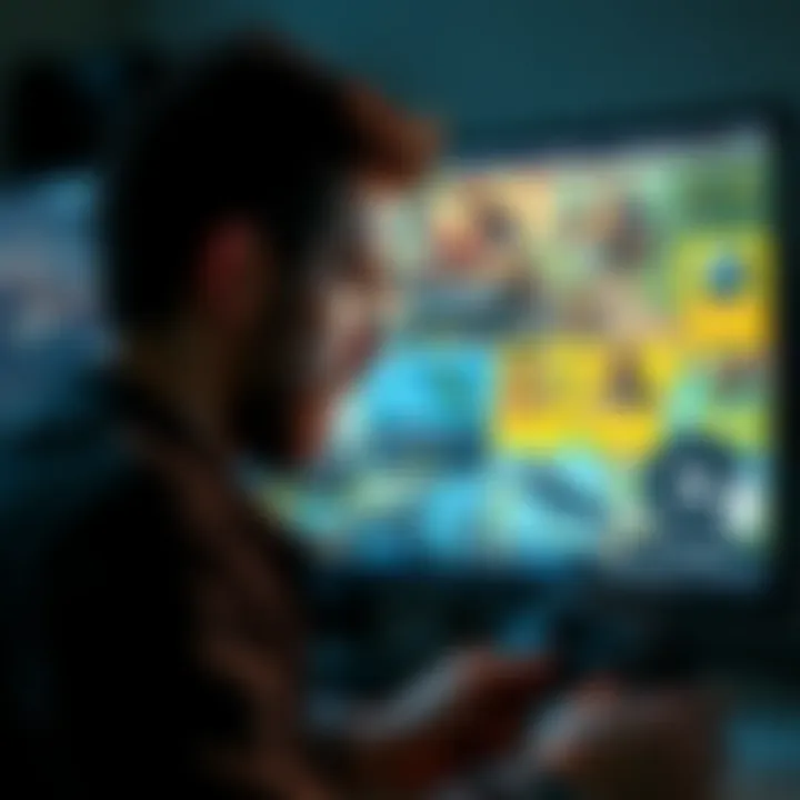 A frustrated gamer staring at a computer screen displaying Total Battle, showing a cluttered interface with microtransaction prompts and city-building tasks.