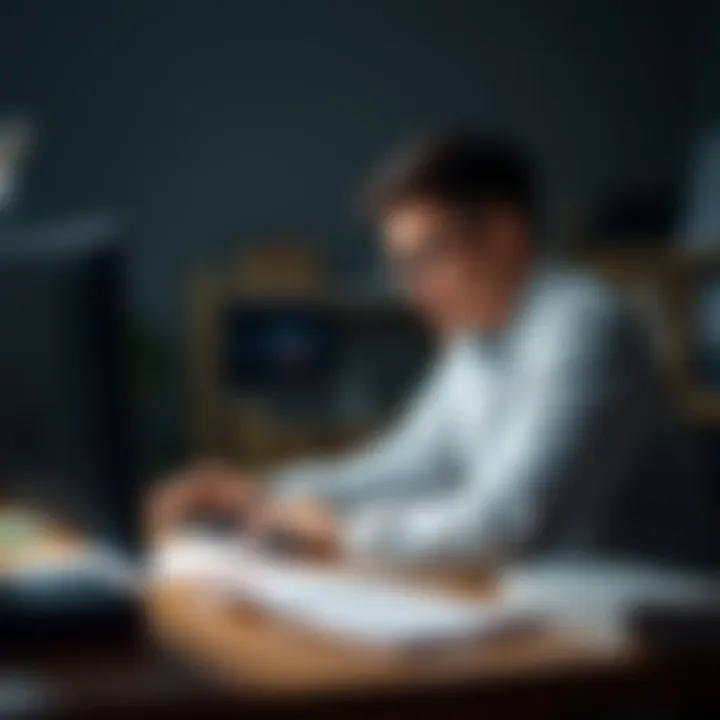 A Data Scientist sitting at a desk, looking distressed while reviewing job applications on a laptop, with rejection letters and notes scattered around