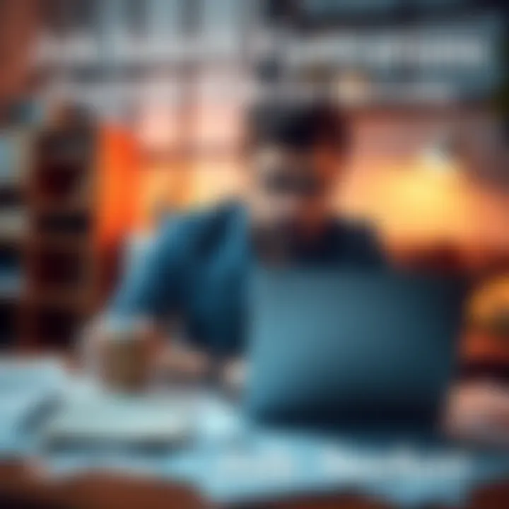 A professional looks stressed while searching for jobs on a laptop at home, surrounded by papers and a coffee cup.