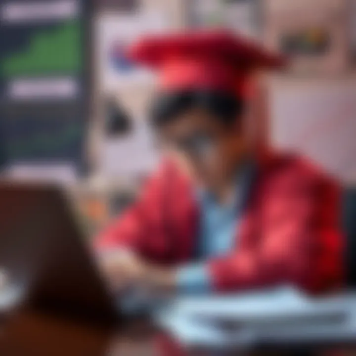 A graduate looking worried while browsing job listings on a laptop, surrounded by data analysis materials
